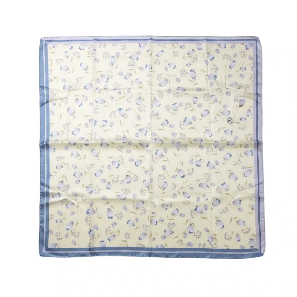 100% Silk Square Scarf Floral Tulip Print Blue Cream Large 42 Inch
